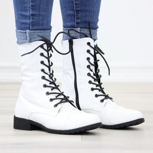White Synthetic Leather Low Heel Round Toe Above Ankle Combat Boots